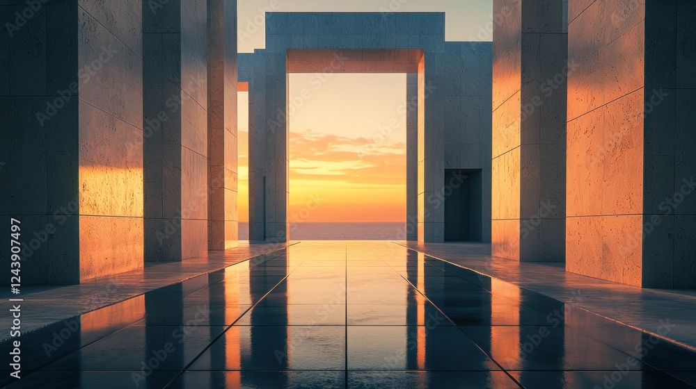 Poster sunset reflection in modern minimalist architecture