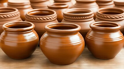 Collection of handmade clay pots arranged neatly on a wooden surface, showcasing traditional craftsmanship and artistry in pottery