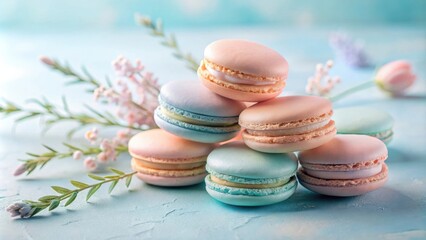 Fototapeta premium Pastel Macarons with Delicate Spring Blossoms on a Light Blue Surface