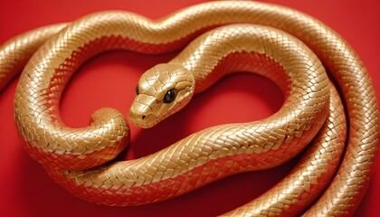 Obraz premium Una serpiente dorada enrollada sobre un fondo rojo