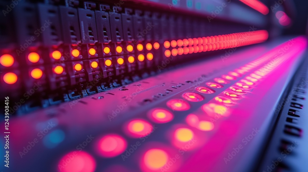 Poster close-up of illuminated server components showcasing vibrant led lights in a data center