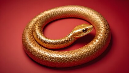 Fototapeta premium Una serpiente dorada enrollada sobre un fondo rojo