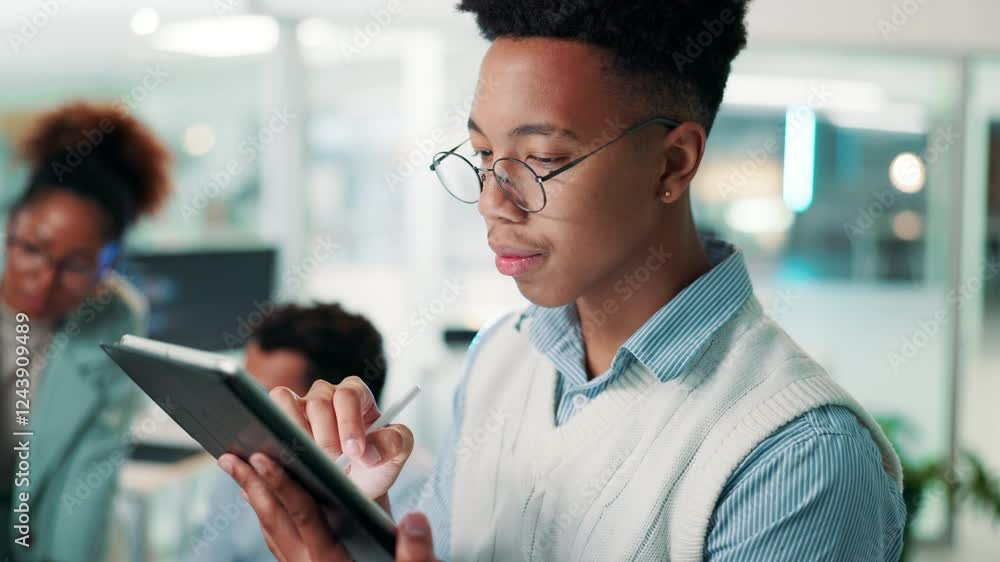 Poster Business, man and writing with tablet in office for software update, testing application and web development. Coding, programmer and digital app with stylus for database integration or system upgrade