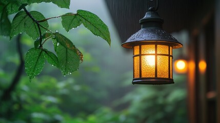 Rainy garden lantern, lit, outdoors, misty