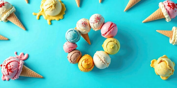 Whimsical ice cream scoops arranged in a playful spiral on a bright blue background , sweet treats, confectionery