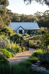 Charming country house surrounded by lush gardens in the early morning light showcases a serene escape into nature's beauty