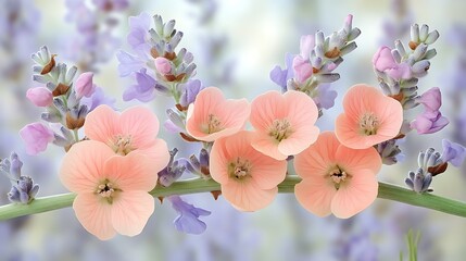 Peach blossoms and lavender flowers together create a beautiful scene