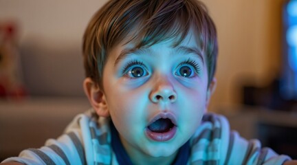 Surprised young boy watching television with wide eyes and astonished expression