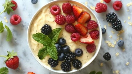Tropical smoothie bowl topped with fresh berries