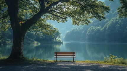 Empty park bench under a big tree