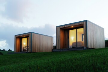 Obraz premium Nestled atop a gentle, grassy hill, contemporary eco-friendly cabins offer stunning views of a tranquil landscape bathed in the soft glow of twilight