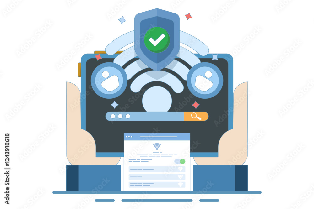 Poster wifi network security and protection concept. wifi encryption. technology and safety. wifi signal sy
