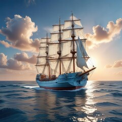 Fototapeta premium White cargo ship on blue waters with sails unfurled, white ship, sailing ship, seas