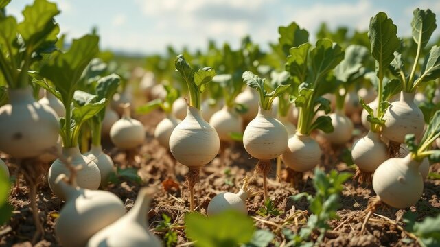 White bulbous swede turnip root plants in a field on a sunny day, farm crops, turnip plants, garden plants