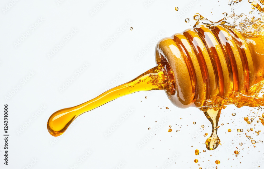 Aufkleber Golden honey flows from a jar, creating splashes as it drops into a clear and bright background. The rich texture and color of the honey shimmer in the light, highlighting its natural sweetness.