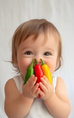A joyful child holding colorful peppers, showcasing happiness and playfulness in a vibrant culinary context.