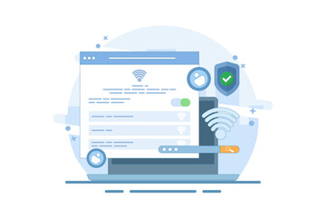 wifi network security and protection concept. wifi encryption. technology and safety. wifi signal symbol, search bar, account and shield with check mark. flat design illustration.