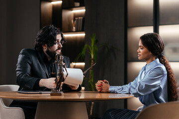 Caucasian male Lawyer Defender Writes Down Arguments for Defence Strategy. Successful Attorney Lawyer Fight for Freedom of Her Client with Supporting Evidence. Justice and Law Trial concept