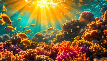 Obraz premium Vibrant Coral Reef Sunlight Fish Underwater Scene