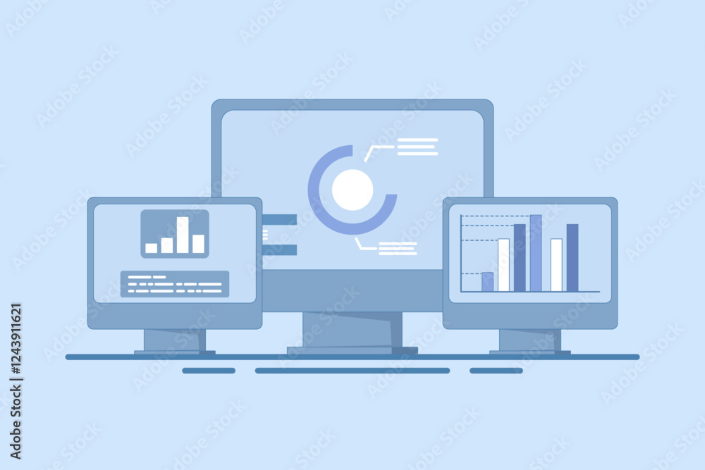 Poster big data analysis concept on computer, monitor with research analysis information, charts, diagrams 