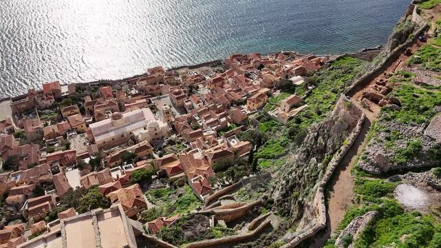 Aerial view of Monemvasia, a medieval fortress town on a rocky peninsula in Laconia, Peloponnese, Greece