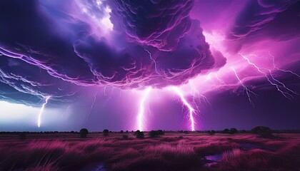 dramatic stormy sky with vibrant purple lightning