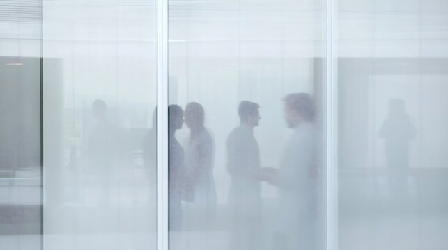 Silhouetted figures of business people having a discussion behind frosted glass panels in a contemporary office setting, creating a sense of privacy and corporate activity