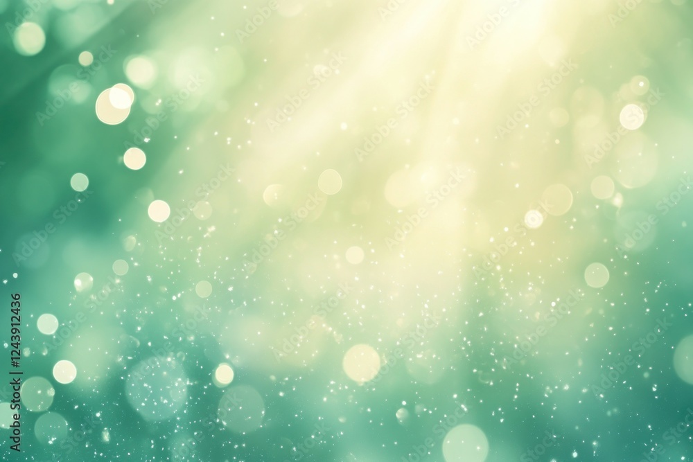 Poster soft glowing bokeh effect with gentle light rays on a dreamy green background