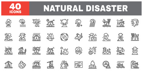 Set of 40 line icons natural disaster. Outline icon collection. Editable stroke. Vector illustration.