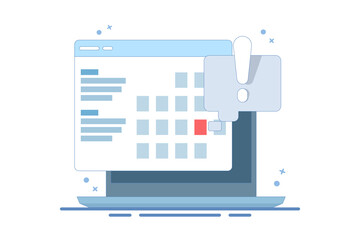 Computer Concept with calendar, deadline list, notes, online notification on website as reminder of important event, electronic or digital internet on laptop, modern notes. Flat vector illustration.
