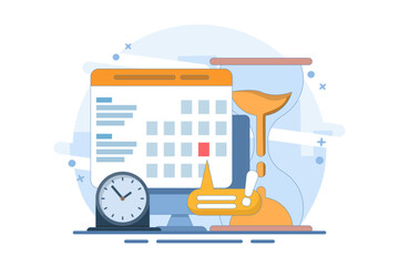 Computer Concept with calendar, deadline list, notes, online notification on website as reminder of important event, electronic or digital internet on laptop, modern notes. Flat vector illustration.