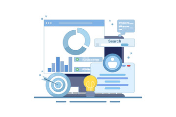 Project initiation concept. Project management, life cycle. Data analysis tasks. Business analysis. Project implementation provisions. Preparing documentation. Flat vector illustration on background.