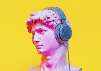 Contemporary twist on classical art: pink marble statue with headphones on yellow background