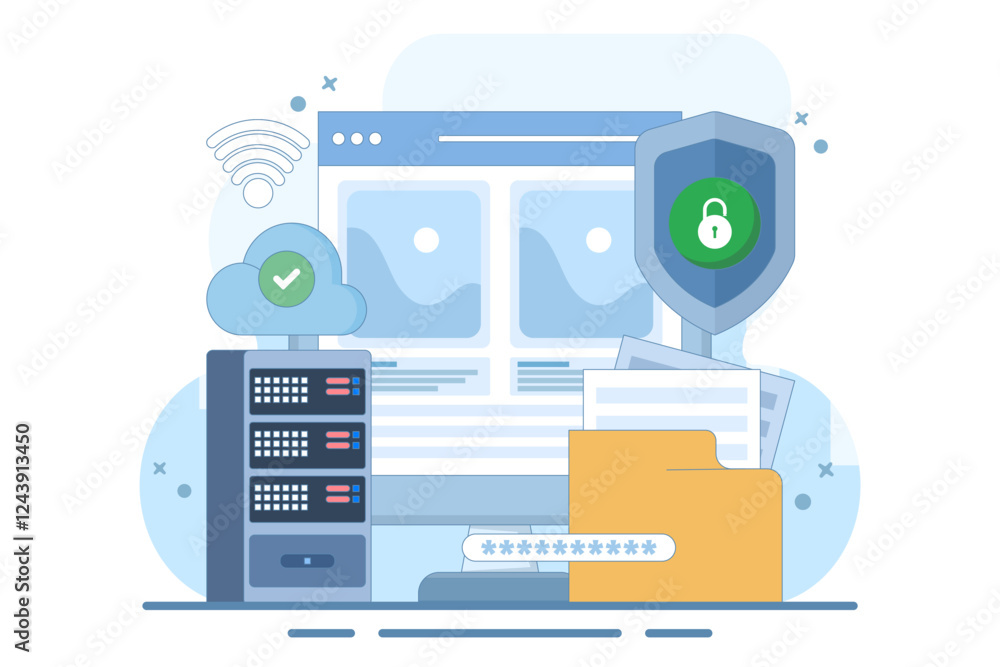 Poster data protection concept, security of personal and business documents with password verification and 