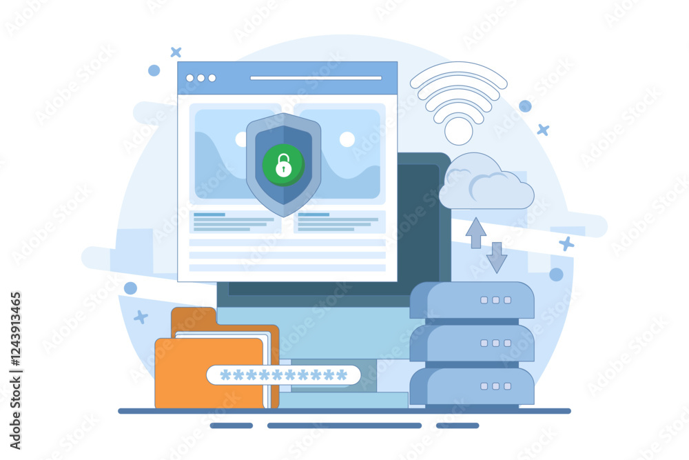 Poster data protection concept, security of personal and business documents with password verification and 