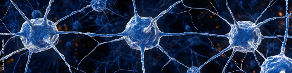 Poster complex interconnected neural network with nodes and axons, a 3d illustration on a dark background
