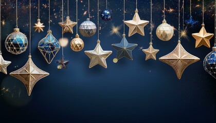 sparkling celestial decorations hanging against dark blue background