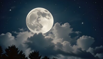 Una gran luna llena que se eleva sobre un cielo nocturno nublado con estrellas en el fondo