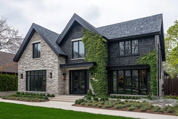 Modern home design features a mix of stone and wood siding with lush greenery in a suburban neighborhood on a cloudy day