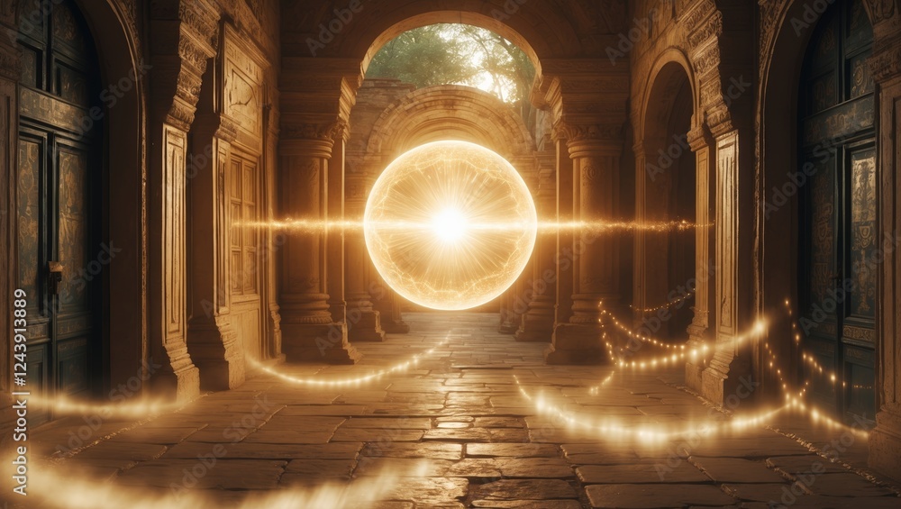 Poster mystical glowing orb illuminates ancient stone architecture in a serene courtyard during twilight