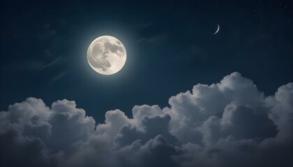 Una gran luna llena que se eleva sobre un cielo nocturno nublado con estrellas en el fondo