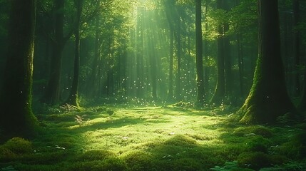 Fototapeta premium A peaceful forest clearing with a carpet of moss, dappled sunlight, and the sound of birds singing 