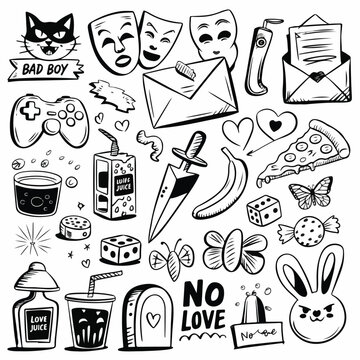 "Playful Doodle-Style Black-and-White Vector Icons"