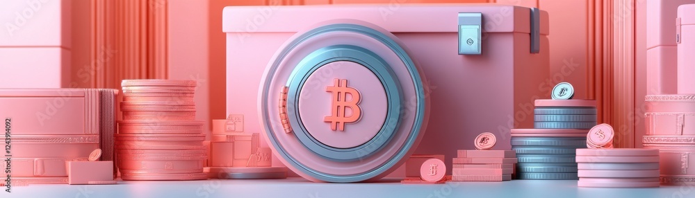 Poster a colorful display of coins and a secure box, showcasing a modern and vibrant approach to saving or 