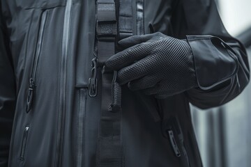 Close-up of black tactical gloved hand adjusting jacket strap with precision