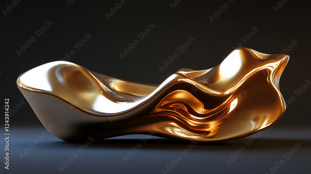 Poster a close-up image of a smooth and shiny metallic abstract sculpture with flowing curves and polished 