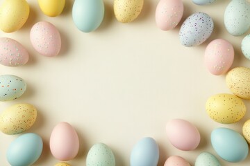 Pastel colored Easter eggs arranged in flat lay for festive decoration and design