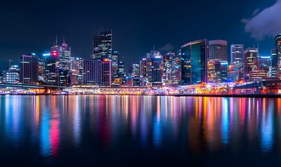 Naklejka premium Vibrant City Skyline Reflected in Water at Night with Lights