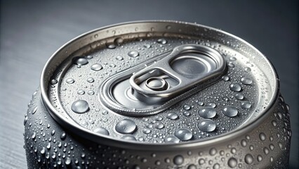Close-up shot of a single empty beer can with condensation and lid on the side, can mockup, product design concept, packaging mockup, condensation effects, packaging design ideas