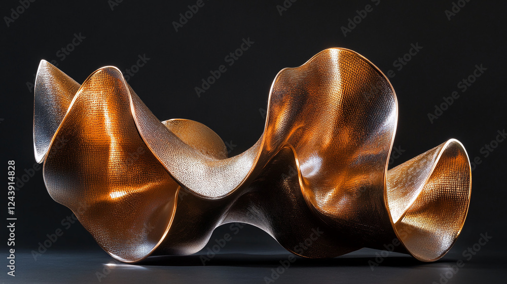 Poster a close-up view of a smooth, reflective abstract metallic sculpture with flowing curves and a textur